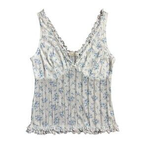 Frankee & Skylarr Cottagecore Floral Ruffle Trim Sheer Cami Top White Blue Sz L